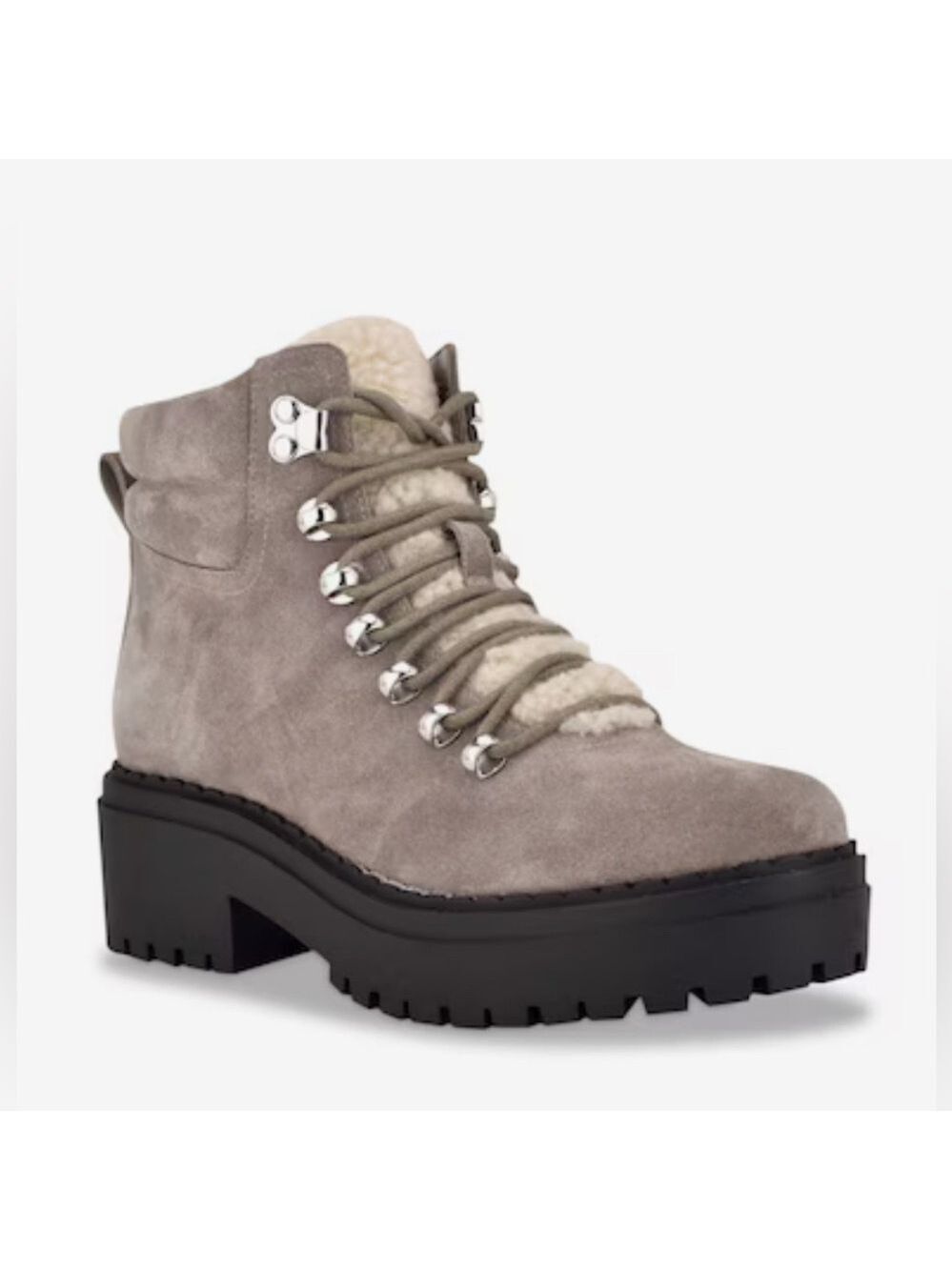 NEW Marc Fisher Nordi Girl Chunky Gray Suede Shearling Platform Hiking Boots 5
